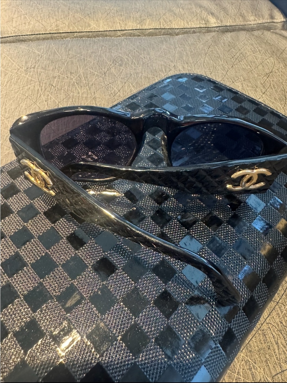 CHANEL Black Patent Cat-Eye Sunglasses with Gold CC Emblems